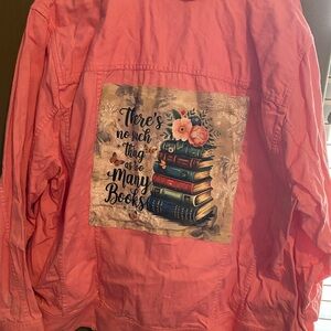 Hand designed women’s distressed pink denim jacket with book theme size 3X